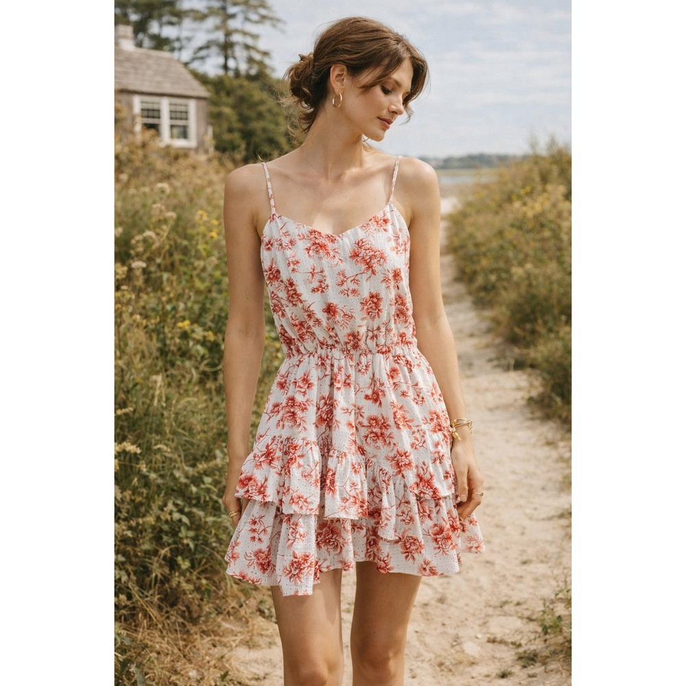 Maia Bergman Red Floral Eyelet Tiered Ruffle Mini Dress Small Smocked‎ Waist